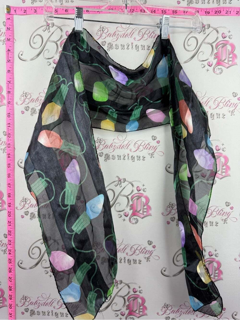 Scarf Light Bulb Print Sheer Scarf - Black with Multicolor Bulbs Christmas